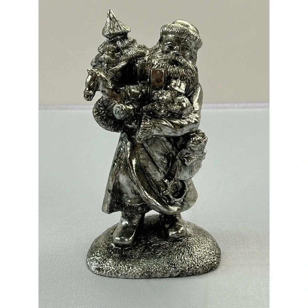 Vintage Silver Tone Santa Claus Figurine Christmas Tree Toys Gifts 5.25